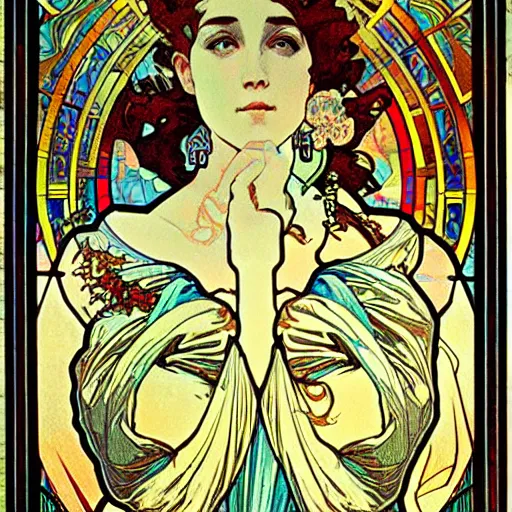 Prompt: burning man, goddess of travel, car, steering wheel, open road, horizon, intricate, stained glass by alphonse mucha