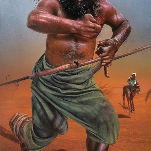 Image similar to portrait of head and body, single bangla farmer fighting on hoseback, hand to hand combat with machete, wielding machete, lungi, full body view, long flowing hair, fighting for his life, nebula aura surrounding subject, horseback combat attacker foreground, background of invading army, nestor canavarro hyperrealist art style, sharp outlines