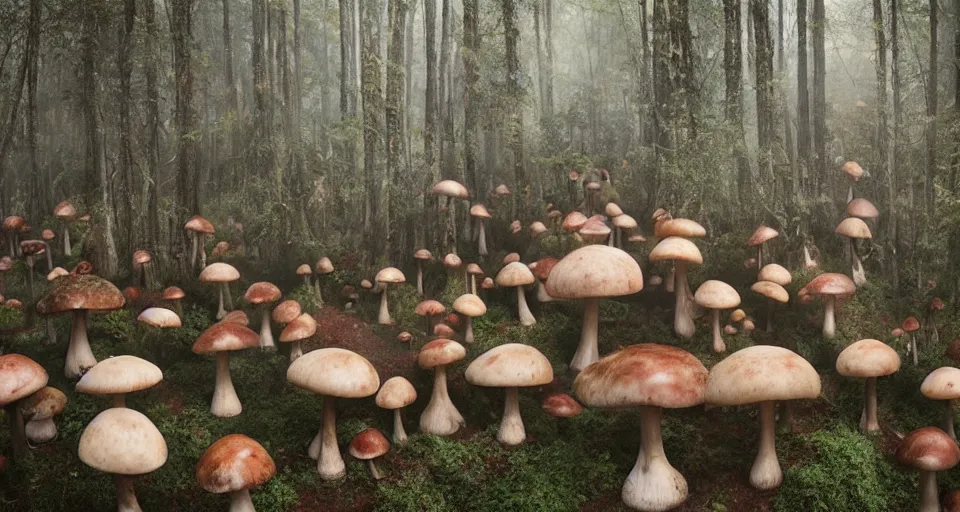 Image similar to A tribal village in a forest of giant mushrooms, by Alyssa Monks