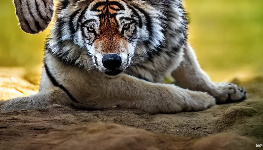 Image similar to a wolf tiger!!! hybrid! hyper realistic!! realistic lighting!! wildlife photographer of the year!!! bold natural colors, national geographic, hd, wide angle, 8 k