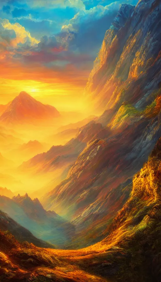 Prompt: enormously detailed hd photo of colorful sunset on mountains, atmospheric lighting, highly quality detailed fantasy painting, 8K detail post-processing