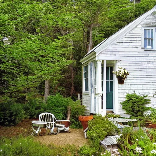 Prompt: the quaint cottage's open door reveals the cape cod national seashore