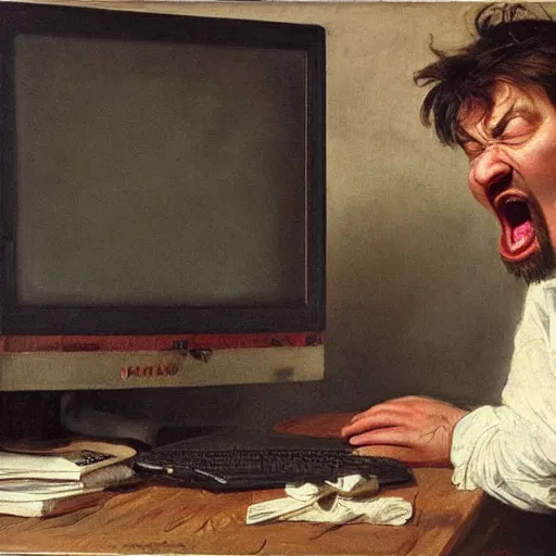 Image similar to an angry man screams at his computer monitor, oil on canvas, 1 8 8 3, highly detailed