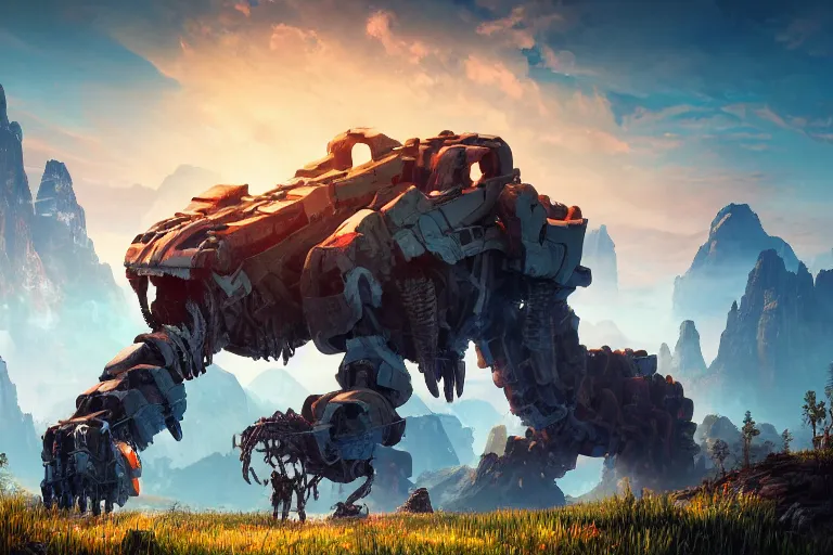 Image similar to tremortusk machine mecanical creature robot of horizon forbidden west horizon zero dawn radiating a glowing aura global illumination ray tracing hdr fanart arstation by ian pesty and alena aenami artworks in 4 k