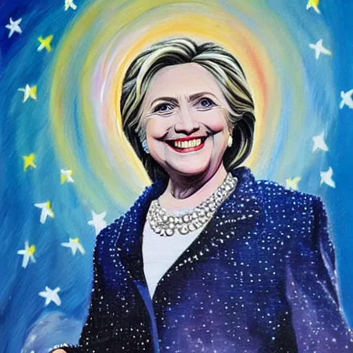 Prompt: dramatic painting of hillary clinton wearing diamonds and pearls, floating in outer space, painted by an unknown russian amateur