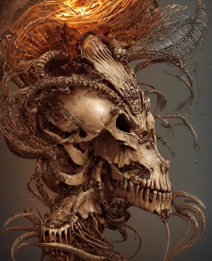 Image similar to close-up macro portrait of the face of a beautiful princess with ram animal skull mask, epic angle and pose, ribcage skeleton symmetrical artwork, 3d with depth of field, blurred background, cybernetic jellyfish female face phoenix bird, translucent, nautilus, energy flows of water and fire. a highly detailed epic cinematic concept art CG render. made in Maya, Blender and Photoshop, octane render, excellent composition, cinematic dystopian brutalist atmosphere, dynamic dramatic cinematic lighting, aesthetic, very inspirational, arthouse. y Greg Rutkowski, Ilya Kuvshinov, WLOP, Stanley Artgerm Lau, Ruan Jia and Fenghua Zhong