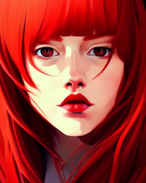 Image similar to a detailed portrait of a beautiful!!!! woman with red hair and freckles by ilya kuvshinov, digital art, dramatic lighting, dramatic angle