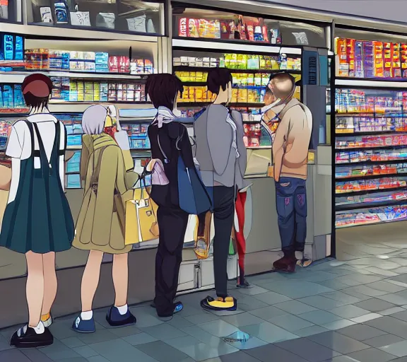 Image similar to an anime character robot girl with a shopping bag, standing in a line to the cash register in a convenience store in warsaw, photorealistic, near future, slice of life scene, digital art
