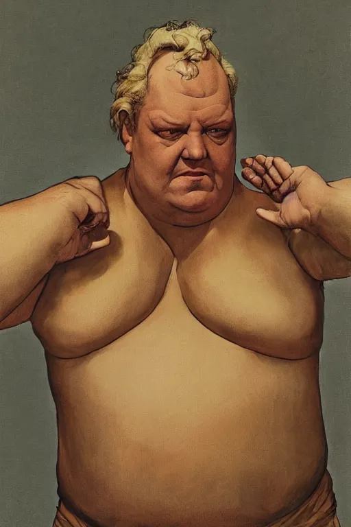 Image similar to upper body portrait of actor kenneth mcmillan as baron harkonnen in dune, colour painting by normal rockwell, guidi prime background by carl spitzweg