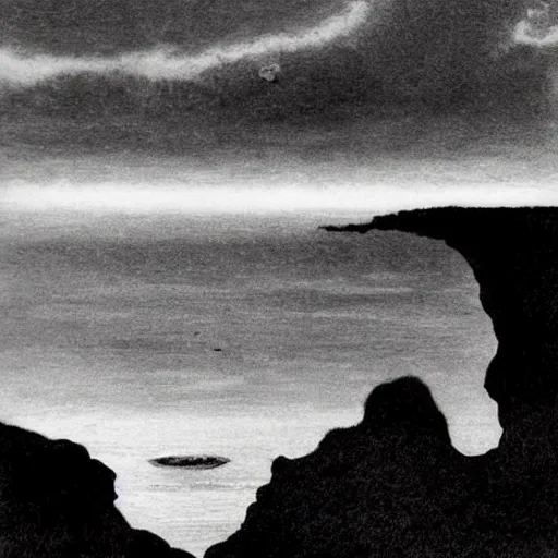 Image similar to A beautiful installation art of a human-like creature with long, stringy hair. The figure has no eyes, only a mouth with long, sharp teeth. The creature is standing on a cliff overlooking a dark, foreboding sea. by Walter Percy Day, by Norman Ackroyd balmy