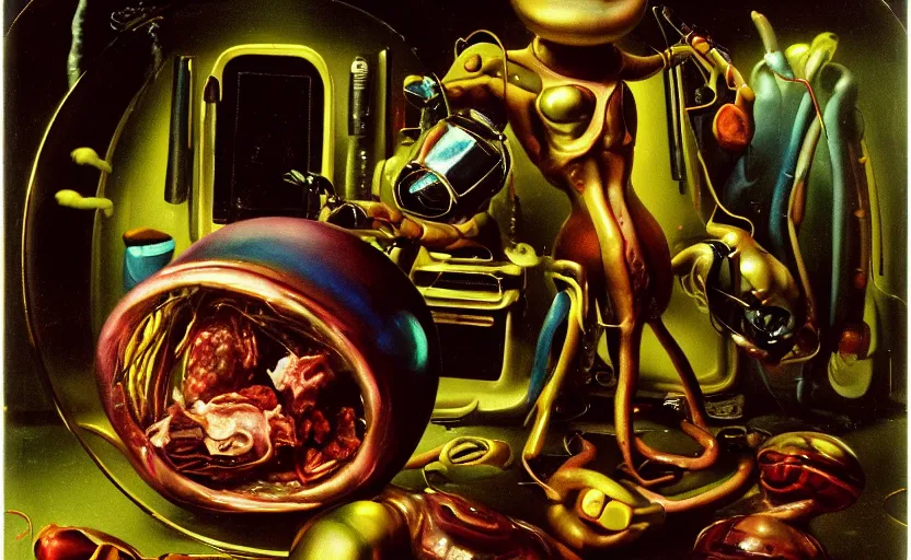 Image similar to strange seductive futuristic robot body, enticing colorful oil painting dutch golden age vanitas still life sparse composition with bulbous objects strange gooey transparent surfaces shiny metal reflections bizarre mutant meat insects rachel ruysch dali todd schorr very detailed perfect composition rule of thirds masterpiece canon 5 0 mm, cinematic lighting, photography, retro, film, kodachrome