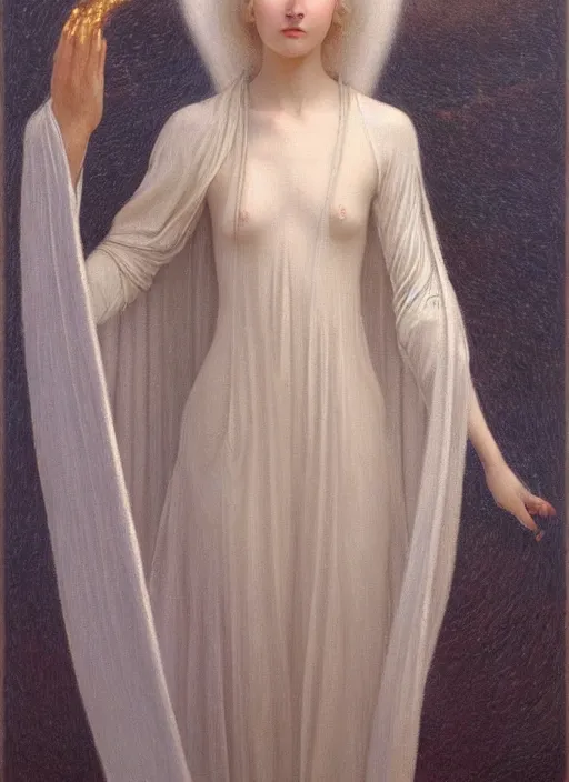 Prompt: thin young beautiful angel with silver hair, pale!, wearing white robes!, wearing hair, golden goddess, young adorable korean face, silver hair!!, oil on canvas, style of jean delville, 4 k resolution, aesthetic!,