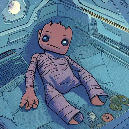 Prompt: baby groot lies flat and crosses legs in bed the space ship, by victo ngai