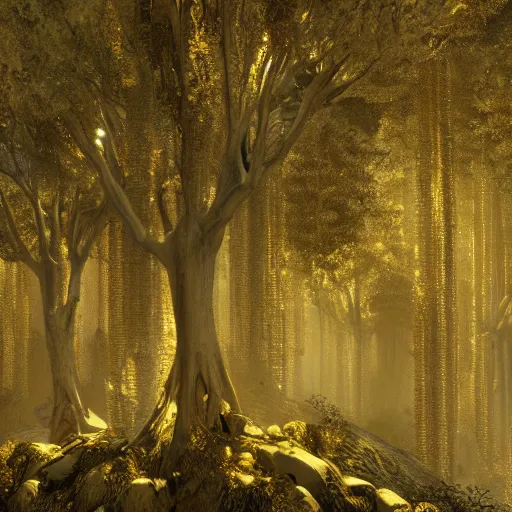 Prompt: a golden ivory forest by gustave moreau and gustave dore, 8k, octane render, art nouveau