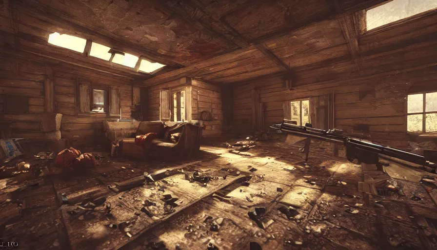 Image similar to fps shooter game, riflegun, abandoned dusty cabin, video game, hyperdetailed, artstation, cgsociety, 8 k