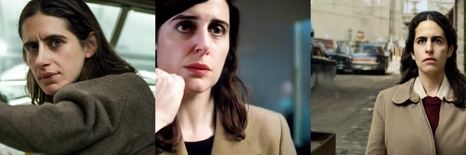 Prompt: close-up of Hila Klein as a detective in a movie directed by Christopher Nolan, movie still frame, promotional image, imax 70 mm footage