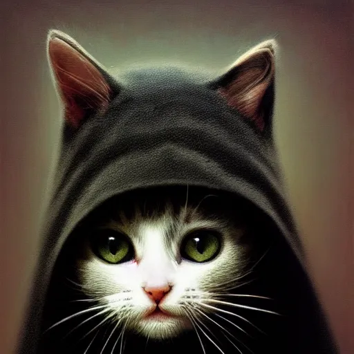 Image similar to a portrait of a kitten wearing a black hood, cloak covering face, anatomically correct, beautiful perfect face, enigmatic, oil painting, matte, black background, Volumetric dynamic lighting, Highly Detailed, Cinematic Lighting, Unreal Engine, 8k, HD, by Beksinski