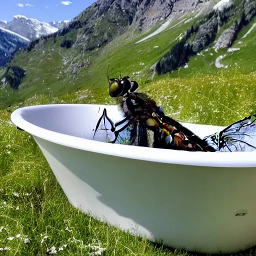 Prompt: dragonfly in a bathtub in the alps, big goat!!!!!!! in the background