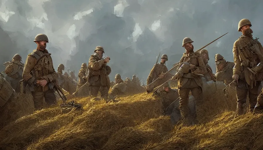 Image similar to beautiful digital painting of a group of barley surviving soldiers in a trench waiting for the war to end. cinematic lighting and rendering, atmospheric, concept art by artgerm and greg rutkowski,,