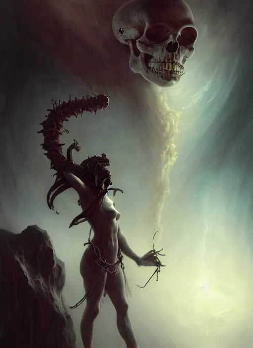 Prompt: shackled in the void of hell, frank frank frazetta and cgsociety, stunning god of sasquatch, charlie bowater and tom bagshaw, insanely detailed, deviantart, space art, atoms surrounded by skulls, death, and spirits deep under the haze smoke, horror, sci - fi, surrealist painting, by peter mohrbacher