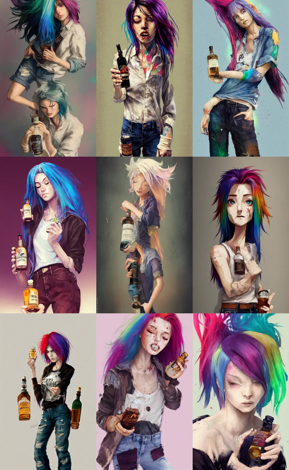 Prompt: a grungy woman with rainbow hair, happy, holding bottle of whiskey, soft eyes and narrow chin, dainty figure, long hair straight down, torn kawaii shirt and baggy jeans, basic white background, In style of by Jordan Grimmer and greg rutkowski, crisp lines and color