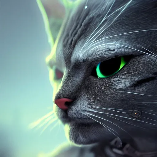 Prompt: , fantasy, hyper detailed, futuristic, technoclose up of a cat wearing iron head armor, very detailed, cinematic atmosphere, arnold render, trending on artstation, cgsociety