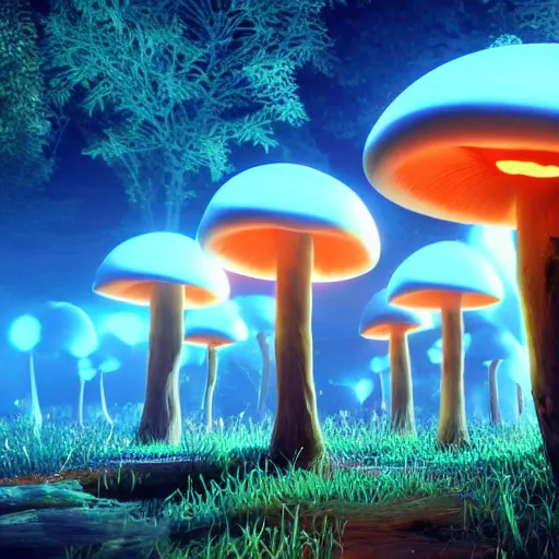 Prompt: many large bioluminescent mushrooms, unreal engine 5, uhd wallpaper