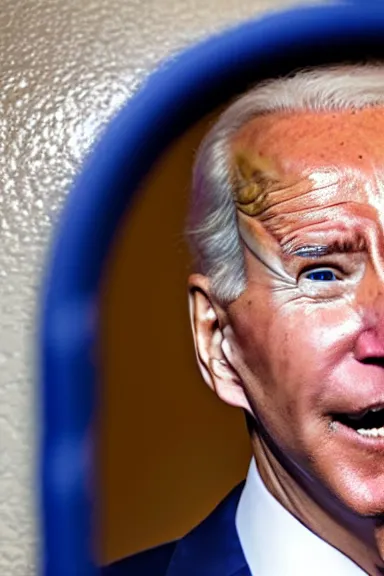 Image similar to a photo looking through the peephole of a door and seeing Joe Biden very close up