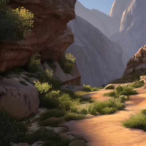 Image similar to pathway canyon in between mountains, unreal engine, high detail, realism, award winning, detailed lighting