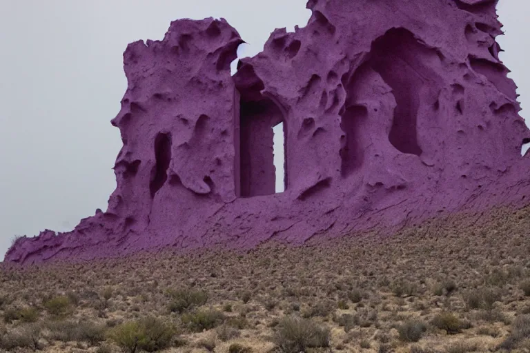Prompt: purple hills made of liquid melted wax paper and red brutalist desert gothic cathedral