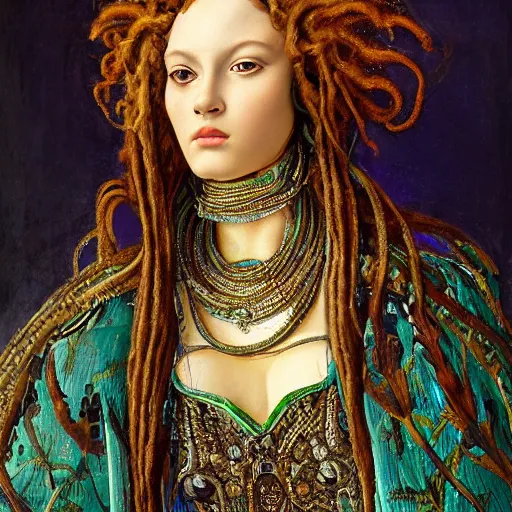 Prompt: intricate detail, hyper detail, african sybil, lady of elche techno mystic princess intergalactica, wearing labradorite full body armor,, hazel green eyes, thick teal eyebrows, with aqua neon rapunzel dreadlocks, detailed, by sandro botticelli, gaston bussiere, h. r. giger, masterpiece, sharp focus,