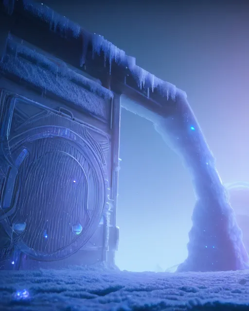 Image similar to interdimensional galaxy portal covered in frost, ice gate, volumetric light, volumetric fog, unreal engine, frostpunk photorealistic, 8 k by beeple