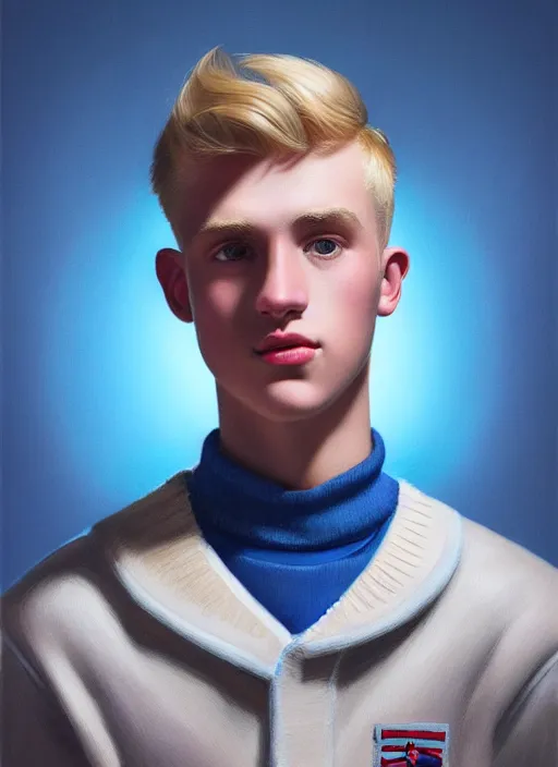 Image similar to portrait of a high school senior boy named moose mason, blonde short hair, jock, beefy, square jaw, square facial structure, 1 9 5 0 s, blue varsity jacket, intricate, elegant, glowing lights, highly detailed, digital painting, artstation, concept art, smooth, sharp focus, illustration, art by wlop, mars ravelo and greg rutkowski