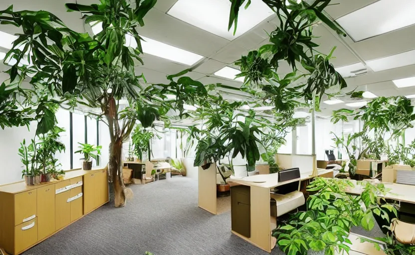 Image similar to jungle themed office space interior, multiple desks, minimalism, green, wood, japanese design, natural materials, beige, cupboards, large windows to a lush green courtyard with trees, retro futurism, swedish design, feng shui