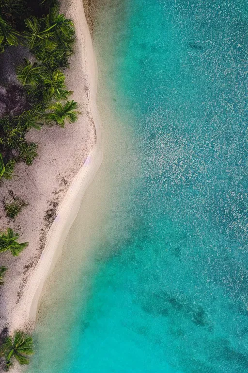 Image similar to Drone Photo of a Beach, turquoise water, calm, volumetric lighting, summer, Cinematic, award winning, photo print.