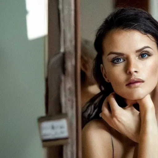 Prompt: a beautiful actress sitting in front of a cracked mirror, beautiful face, elegant furniture