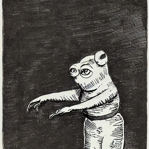 Image similar to julenisse, lavenisse, pepe the frog, by theodor severin kittelsen, kjell aukrust, ink drawing, dip pen