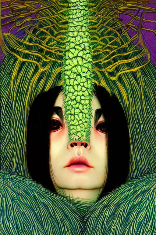 Image similar to creature animal sushi cristal very big eye roots cactus elemental flush of force nature micro world fluo fishscale, illustration, art by ilya kuvshinov and gustav klimt