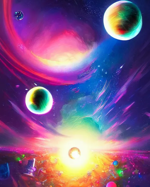 Prompt: multiverse painting, colorful, scifi, experimental, spheres. portals, black holes, wormholes, rays of light, highly detailed, cheerful, by studio ghibli, kun vic, masterpiece, award winning