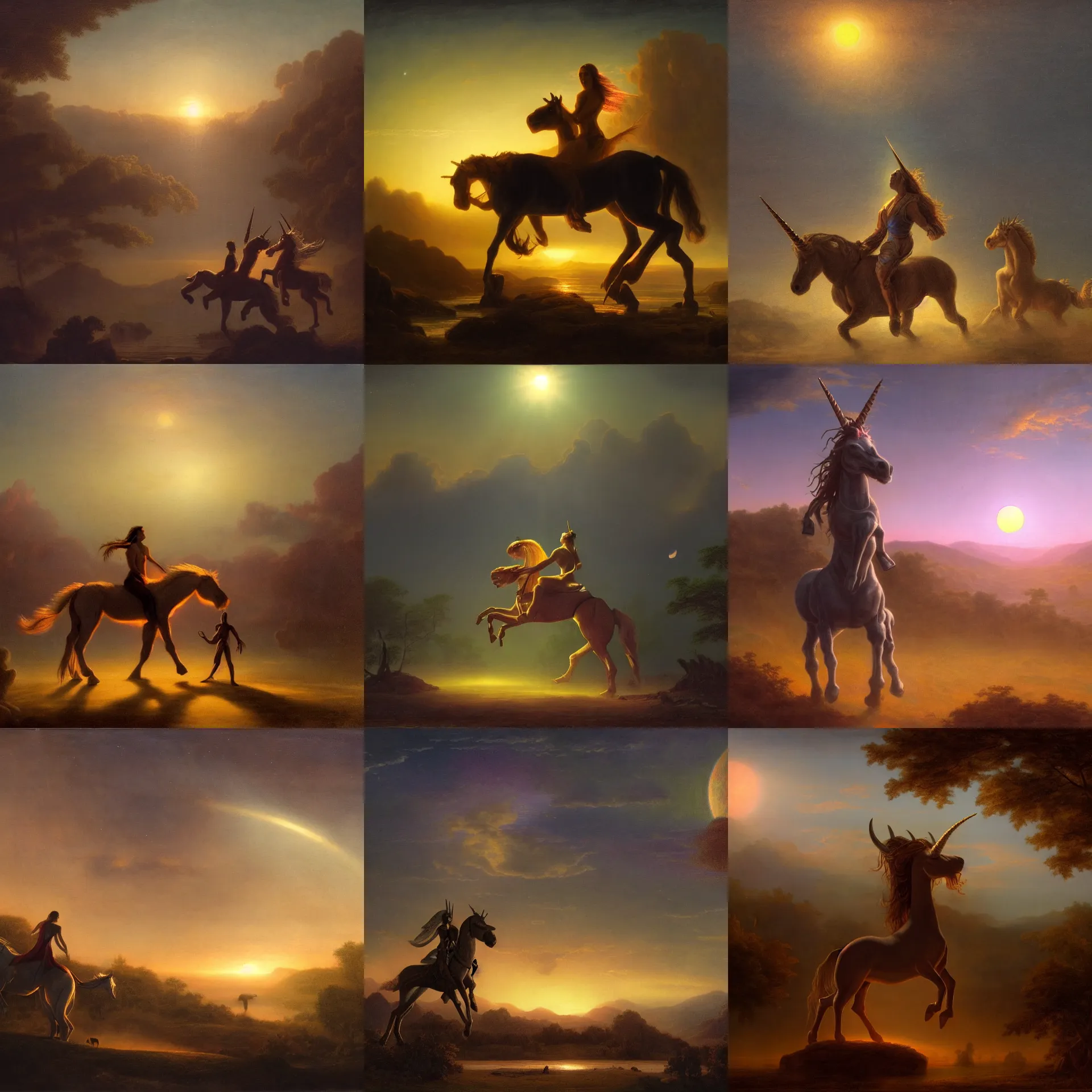 Prompt: a humanoid alien riding a unicorn on a sabana during sunset crepuscule, dark, volumetric lighting, in the style of Hudson River School