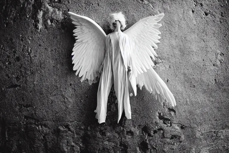 Image similar to photo of a pure white angel subjugated to hate, One of the wings is black, taken with Leica M11 and NOCTILUX 50mm F4.0, Paradium Platinum printed on paper