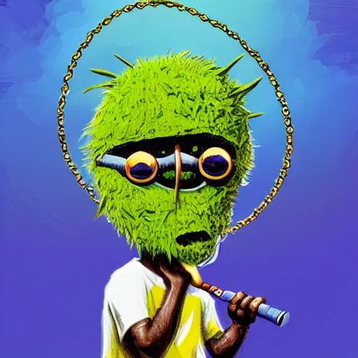 Image similar to a tennis ball monster wearing gold chain necklace smoking a blunt, digital art, fantasy, magic, trending on artstation, ultra detailed, professional illustration by Basil Gogos