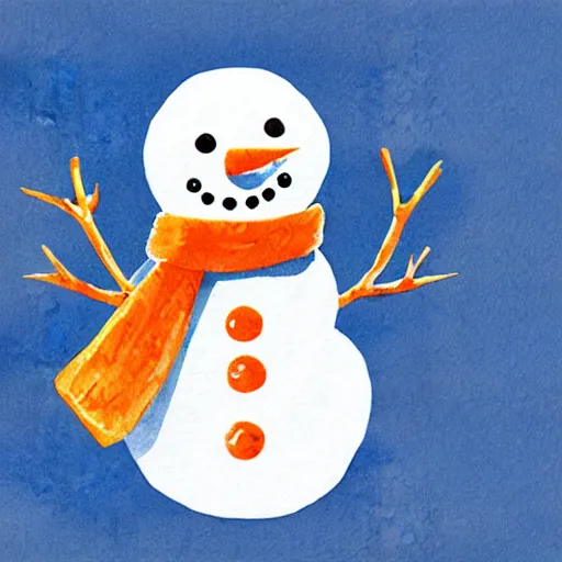 Image similar to snowman with carrot whimsical cute mixed media winter icon collage illustration in soft watercolor style, ice blue cold hues