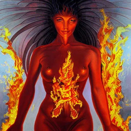 Image similar to A beautiful painting of a goddess with a body made of flames by Jim Burns, ultra-detailed