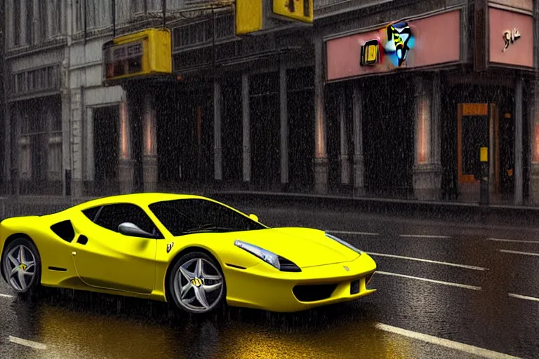 Image similar to a yellow ferrari, dynamic, on a wet london street, raining, clouwdy atmosphere, wide shot, photorealism, some reflexions, canon 5 d, studio ghibli, pixar and disney animation, sharp, very detailed, high resolution, rendered in unreal engine 5, anime key art by greg rutkowski, overcast lighting, dark