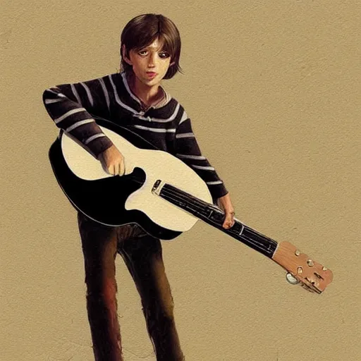 Image similar to a highly detailed epic cinematic concept art CG render digital painting artwork costume design: young Steve Jobs as a student in a 1970sdressed as a hippie playing guitar at a concert. By Greg Rutkowski, Ilya Kuvshinov, WLOP, Stanley Artgerm Lau, Ruan Jia and Fenghua Zhong, trending on ArtStation, made in Maya, Blender and Photoshop, octane render, excellent composition, cinematic atmosphere, dynamic dramatic cinematic lighting, aesthetic, very inspirational, arthouse