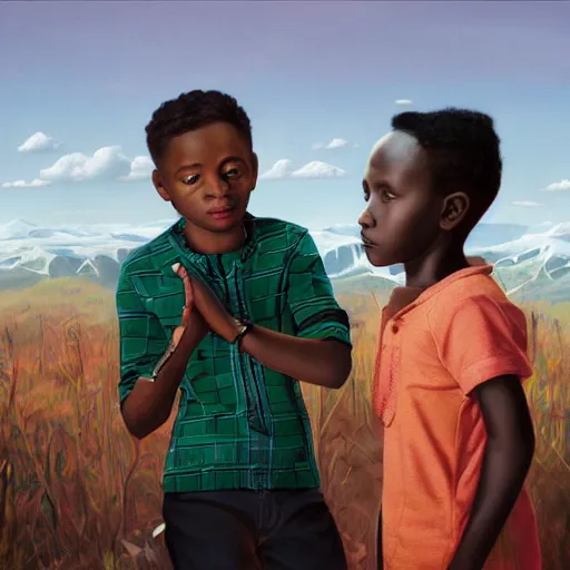 Image similar to a black kid on a florest talking to a bright ghost, pale light, scenic view, hyper realistic, octane render, ultra detailed, a realistic colorful painting by Kehinde Wiley , trending on artstation.