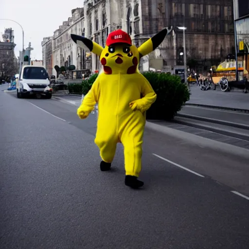 Image similar to A photograph of a man going to work in a pikachu suit
