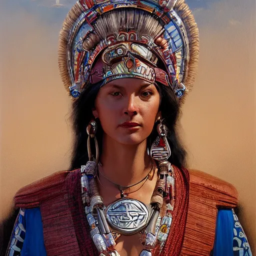 Image similar to an portrait of an happy female aztec, detailed, centered, digital painting, artstation, concept art, donato giancola, Joseph Christian Leyendecker, WLOP, Boris Vallejo, Breathtaking, 8k resolution, extremely detailed, beautiful, establishing shot, artistic, hyperrealistic, beautiful face, octane render