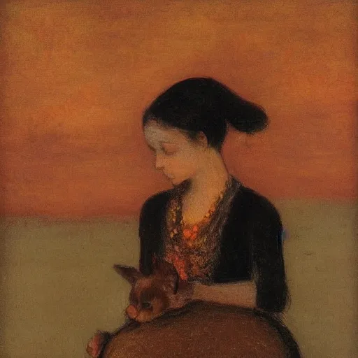 Prompt: a woman and her black and brown chihuahua stand by the sea by odilon redon